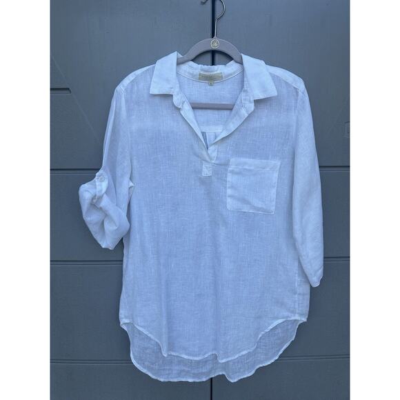 Side Stitch Los Angeles White linen popover blouse pocket Roll Tab Sleeves Sz M - Picture 2 of 12